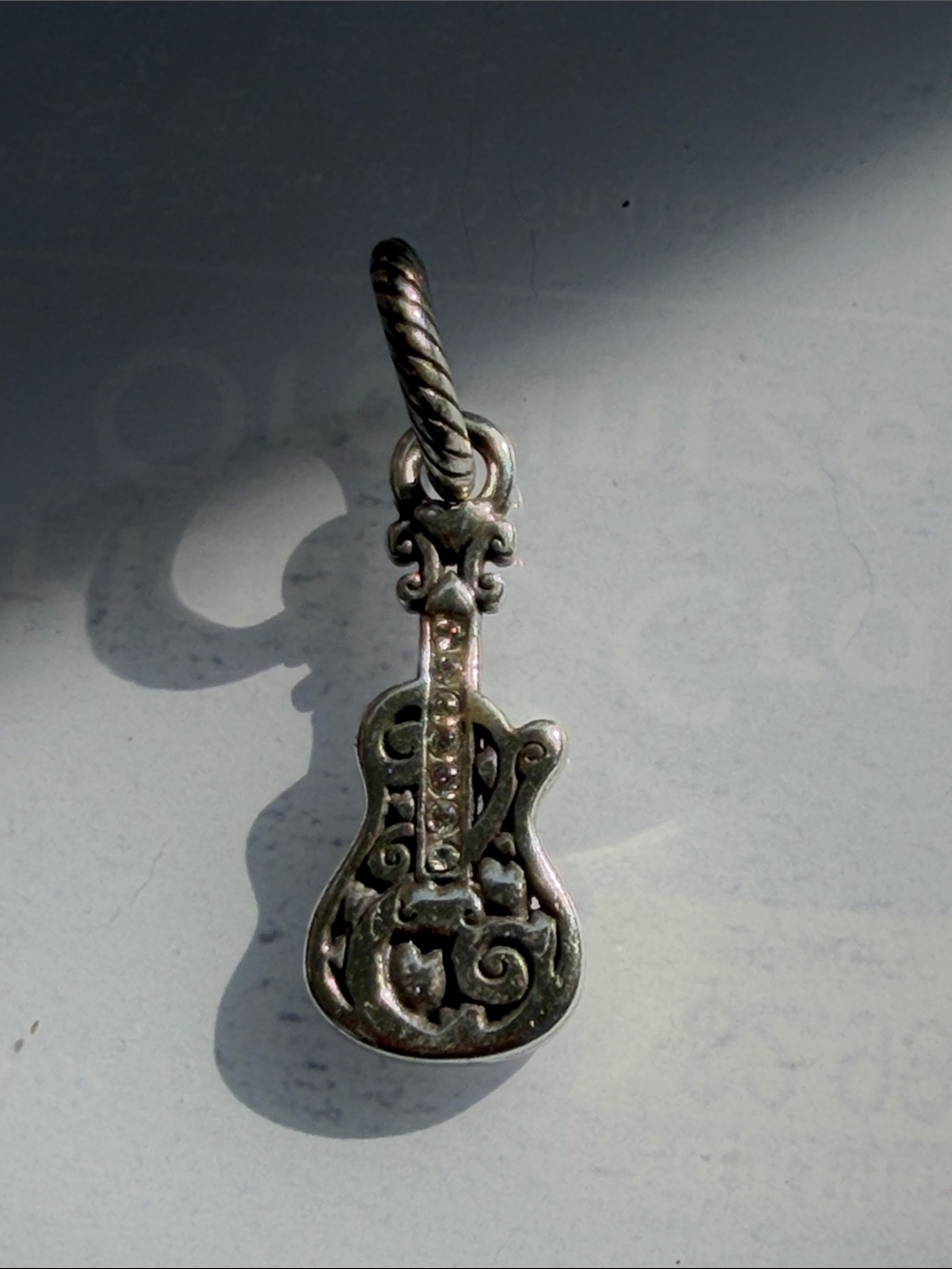 Brighton Silver-Tone Filigree Guitar Charm with Clear Stones